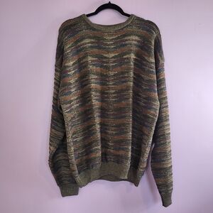 Fenzia Vintage Acrylic 3D Knit Dark Multicolor Crew Neck Grandpa Sweater